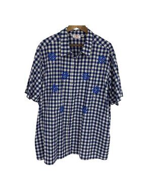 Quacker Factory Embroidered Gingham Button Front Shirt Navy/Ship Wheel Size 3X